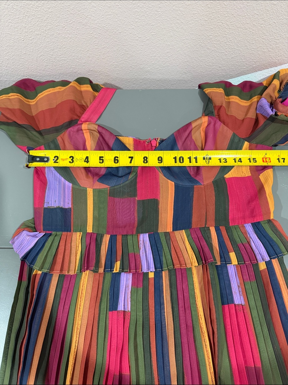 Farm Rio Multicolor Pleated Maxi Dress Puff Sleeve Sweetheart Neckline Size M - Picture 6 of 7